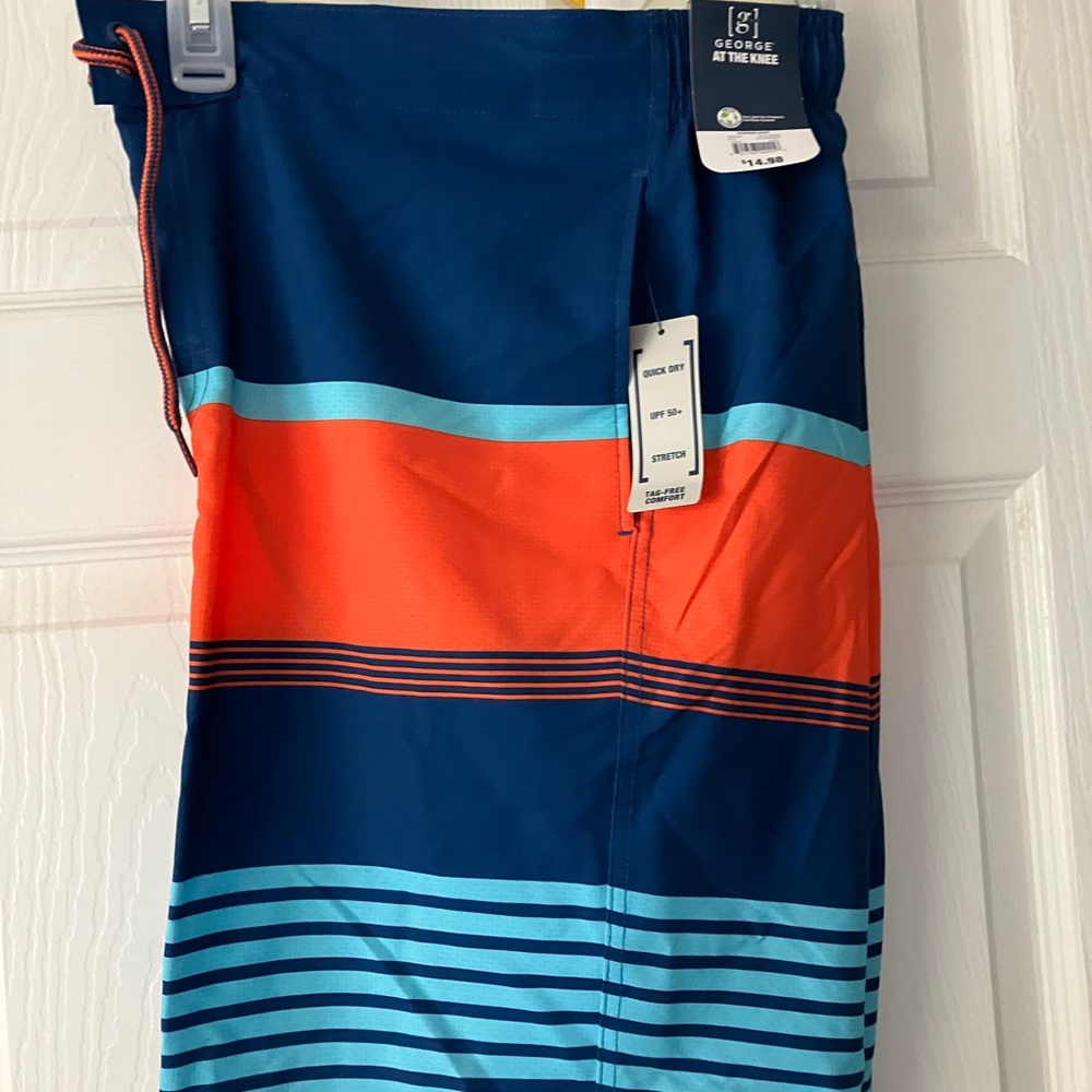 George Men's Swim Shorts - Navy and Orange Stripes